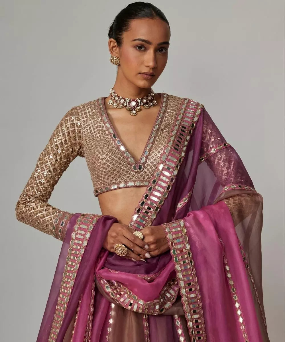 VVANI VATS - Mud mauve mauve multicolor Lehenga Set with  V Neck Blouse